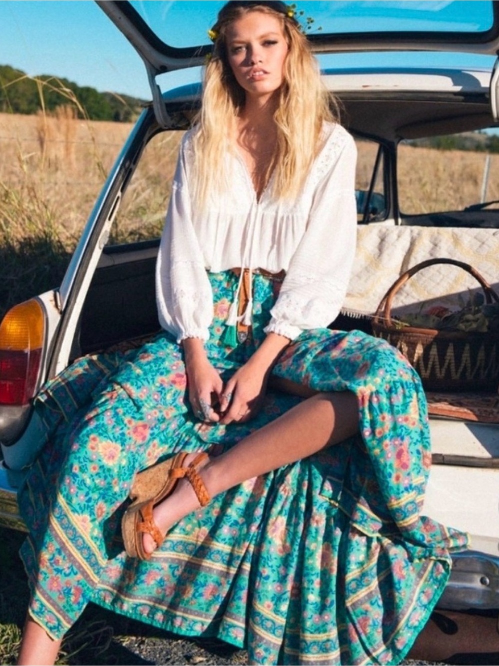 SPELL, folk town maxi skirt, UT Drop. Floral Teal Boho Maxi Skirt - Picture 8 of 10